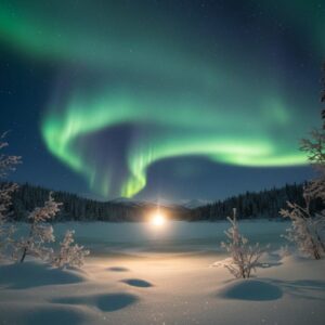 Green northern lights glowing above a snowy forest and frozen lake at night