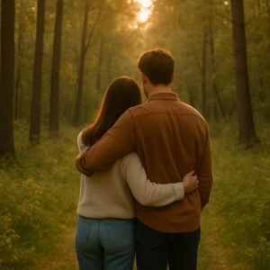 Couple embracing on a sunlit forest path surrounded by nature