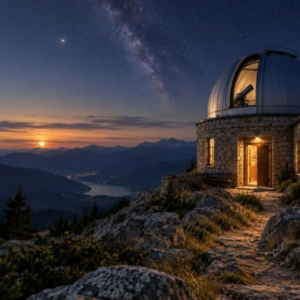 Peaceful mountain observatory under a calm night sky